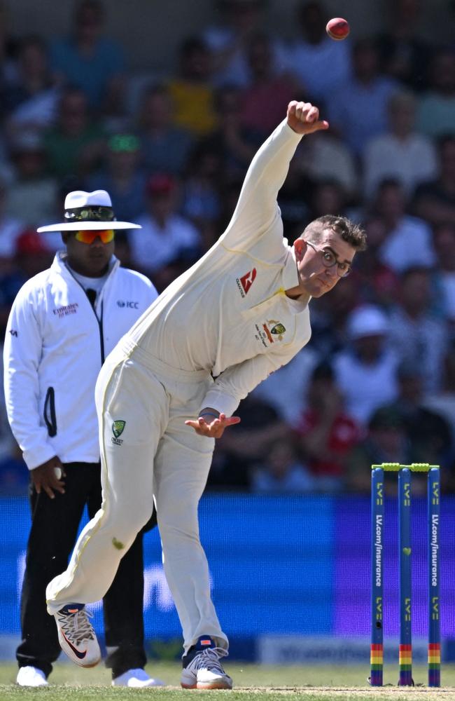 Todd Murphy bowls during the third Ashes Test. He was lightly used after coming into the Australian side as Nathan Lyon’s injury replacement. Picture: Paul Ellis/AFP