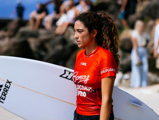 GOLD COAST, QUEENSLAND, AUSTRALIA - APRIL 27: Daniella Rosas of Peru prior to surfing in Heat 8 of the Round of 48 at the Bonsoy Gold Coast Pro on April 27, 2024 at Gold Coast, Queensland, Australia. (Photo by Cait Miers/World Surf League)