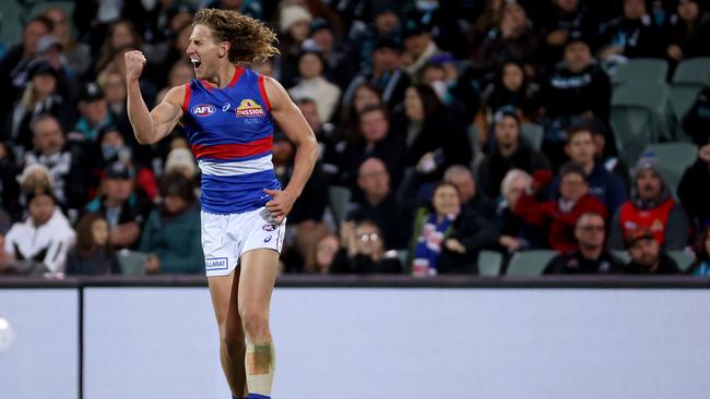 The Bulldogs’ Aaron Naughton celebrates a goal against Port Adelaide. Picture: James Elsby/AFL Photos via Getty Images