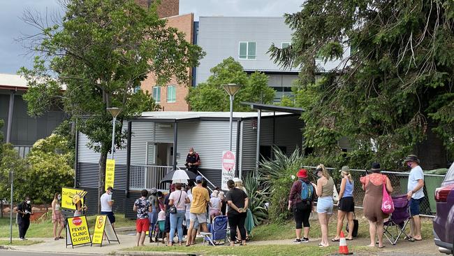 People at the front of Ipswich Hospital Fever Clinic's testing line by 11.40am had been waiting for nearly six hours on January 5, 2022. Picture: Jessica Baker