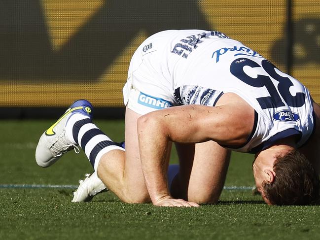 GEELONG, AUSTRALIA – MAY 21: Patrick Dangerfield of the Cats reacts after a contest during the round 10 AFL match between the Geelong Cats and the Port Adelaide Power at GMHBA Stadium on May 21, 2022 in Geelong, Australia. (Photo by Daniel Pockett/AFL Photos/via Getty Images )