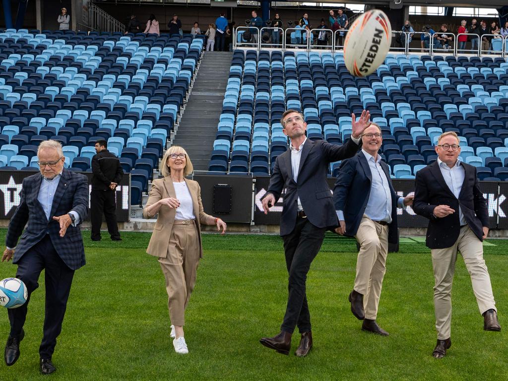 NSW Premier Dominic Perrottet, Venues NSW chief executive Kerrie Mather, NSW Sport Minister Alister Henskens, NSW Tourism Minister Ben Franklin and Venues NSW chairman Tony Shepherd during the opening of Allianz Stadium on Sunday. Picture: NCA NewsWire