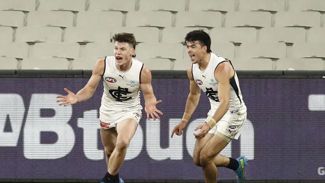 Sam Walsh celebrates after kicking the sealer. Picture: Darrian Traynor/Getty Images