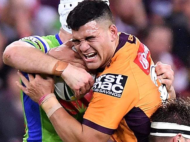 BRISBANE, AUSTRALIA - JUNE 30: David Fifita of the Broncos is tackled during the round 16 NRL match between the Brisbane Broncos and the Canberra Raiders at Suncorp Stadium on June 30, 2018 in Brisbane, Australia.  (Photo by Bradley Kanaris/Getty Images)