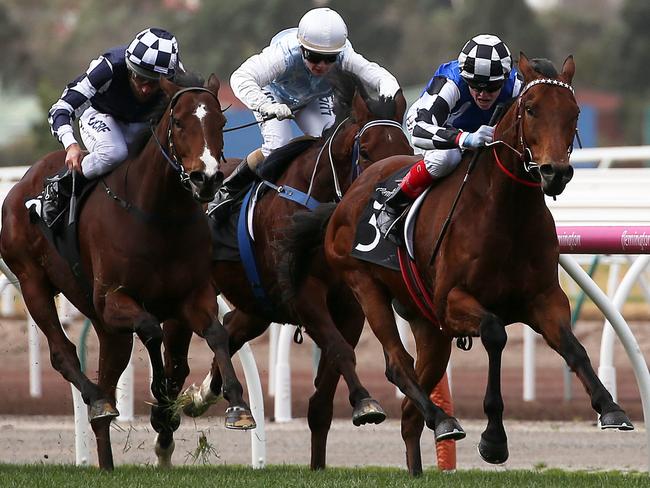 Craig Williams rides Sixties Groove to win race 2, VRC-CRV Cup Tour Trophy during Flemington Finals Day at Flemington Racecourse in Melbourne, Saturday, July 7, 2018. (AAP Image/George Salpigtidis) NO ARCHIVING, EDITORIAL USE ONLY