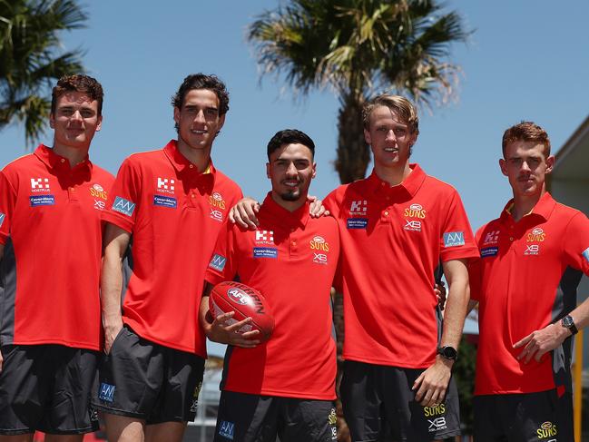 Jez McLennan (far right) with fellow Suns draftees Caleb Graham, Ben King, Izak Rankine and Jack Lukosius. Picture: Chris Hyde/Getty Images)