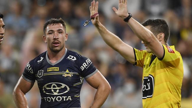 TOWNSVILLE, AUSTRALIA - JUNE 18:  Reece Robson of the Cowboys is sent to the Sin Bin during the round 15 NRL match between the North Queensland Cowboys and the Cronulla Sharks at QCB Stadium, on June 18, 2021, in Townsville, Australia. (Photo by Ian Hitchcock/Getty Images)