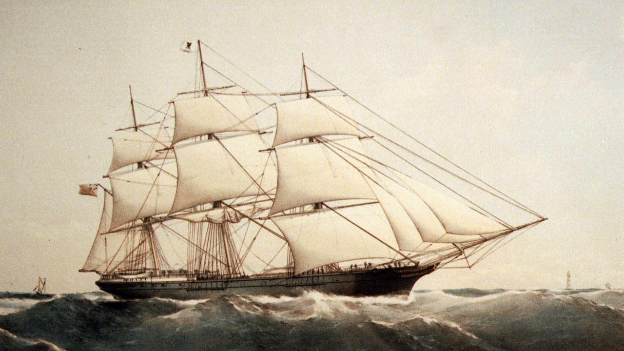 The City of Adelaide (aka the Carrick) sailing ship pictured in a lithograph of its maiden voyage, 1864. painting clipper city/of/adelaide /Sailing/ships