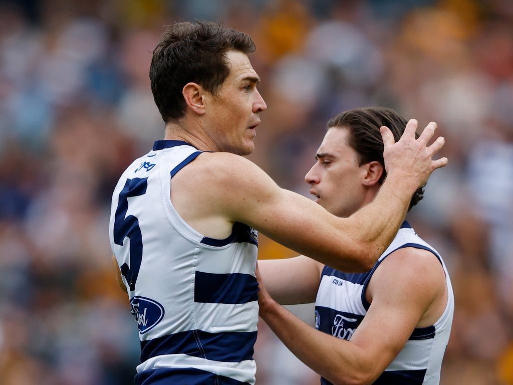 Miers celebrates a goal with Jeremy Cameron. Picture: Dylan Burns/AFL Photos via Getty Images