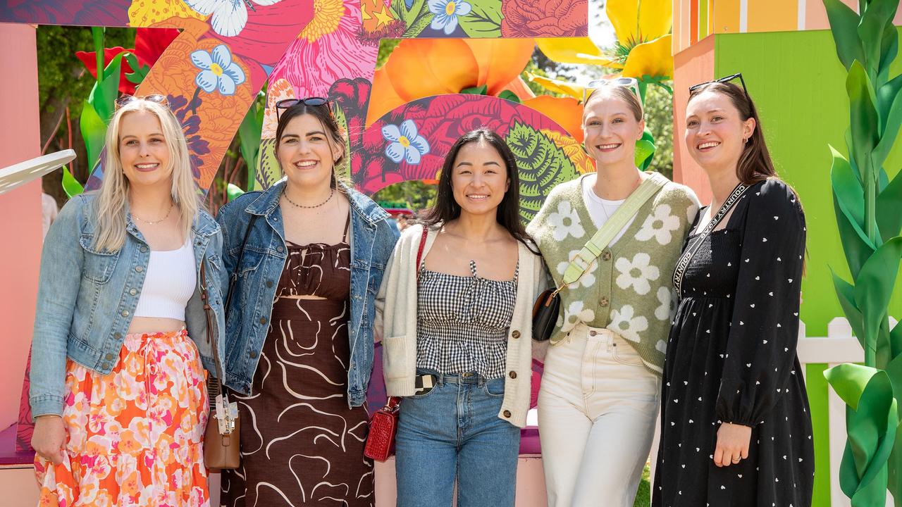 Ashley Perkins (left) with Sarah Nicoll, Lelsey Yu, Jess Crombie and Emily Aspinall, Toowoomba Carnival of Flowers Festival of Food and Wine, Saturday, September 14th, 2024. Picture: Bev Lacey