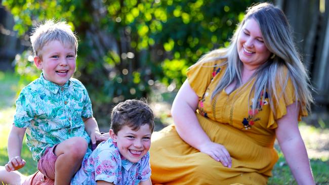 Ellie Hearfield 28 with her sons Knox and Hudson at their house in Junction Hill in the NSW Clarence Valley. Picture: Nathan Edwards.