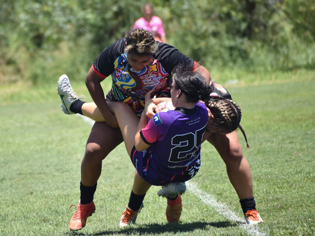 Warba Wangarunya Rugby League Carnival, women’s competition, Emus Leisha, Collins, Field Memorial versus Highlanders, Rugby Park, Rockhampton, January 21, 2023.