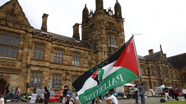 Sydney University students set up for a Pro-Palestinian sit-in, similar to what is happening in universities around the world to protest the continuing war in Gaza. Picture: Richard Dobson