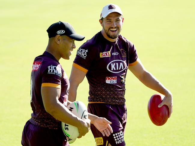 Jamayne Isaako (left) and Corey Oates are seen during a Brisbane Broncos training session in Brisbane, Monday, May 18, 2020. (AAP Image/Dave Hunt) NO ARCHIVING