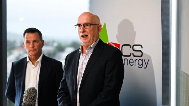 CS Energy Chairman Adam Aspinall (right) and CEO Darren Busine speak during a press conference to provide the technical findings and learnings into the Unit C4 incident at Callide Power Station in May 2021. Picture: Dan Peled / NCA NewsWire