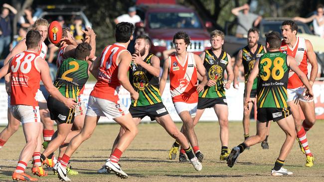 Heavy traffic in the Nepean league qualifying final. Picture: Susan Windmiller