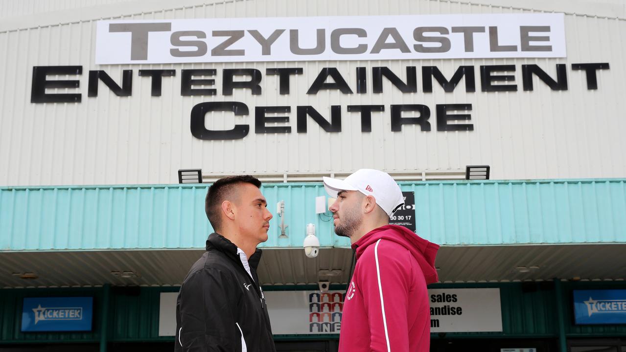 Tim Tszyu and Michael Zerafa at the newly named ‘Tszyucastle’ Entertainment Centre. Picture: Peter Lorimer / Getty Images