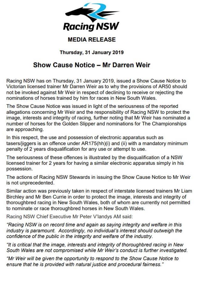 The full statement from Racing NSW