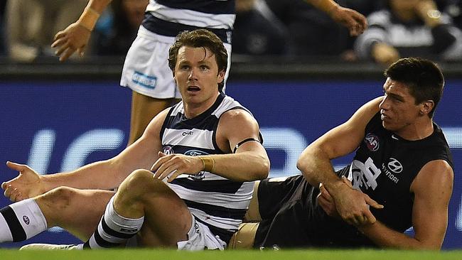 Patrick Dangerfield received a free-kick for his tackle on Matthew Kreuzer.