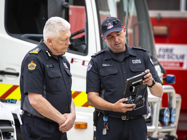 Commissioner Block and leading firefighter Dave Rylance at the launch of the Fire Rescue Victoria drone aviation unit. Picture: Sarah Matray