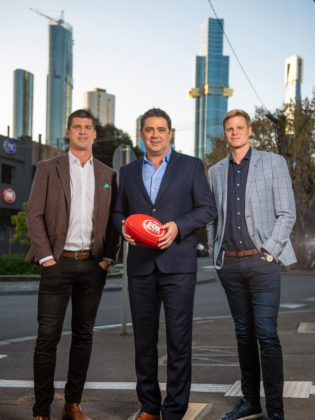 Fox Footy's Jonathan Brown, Garry Lyon and Nick Riewoldt. Picture: Jason Edwards