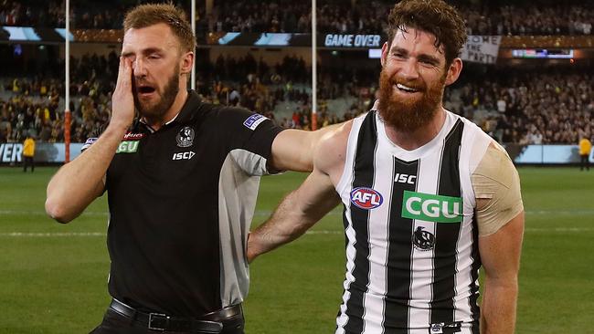 Lynden Dunn and Tyson Goldsack embrace after the game. Picture: Getty Images