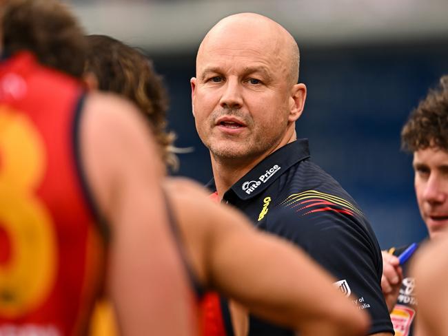 PERTH, AUSTRALIA - MARCH 29: Matthew Nicks, Senior Coach of the Crows addresses the players at the break during the 2024 AFL Round 03 match between the Fremantle Dockers and the Adelaide Crows at Optus Stadium on March 29, 2024 in Perth, Australia. (Photo by Daniel Carson/AFL Photos via Getty Images)