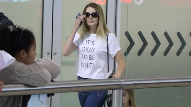 Lauren Southern arrived in Australia, wearing a slogan on her T-shirt that has been embraced by white supremacist groups. (Pic: Twitter)