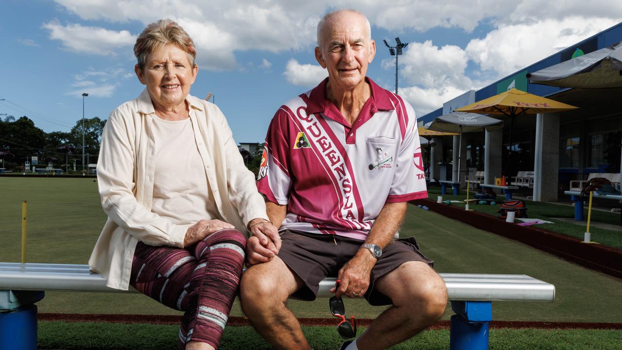 Pensioners Sue and Dennis O’Toole at Chermside Bowls Club. Picture: Lachie Millard