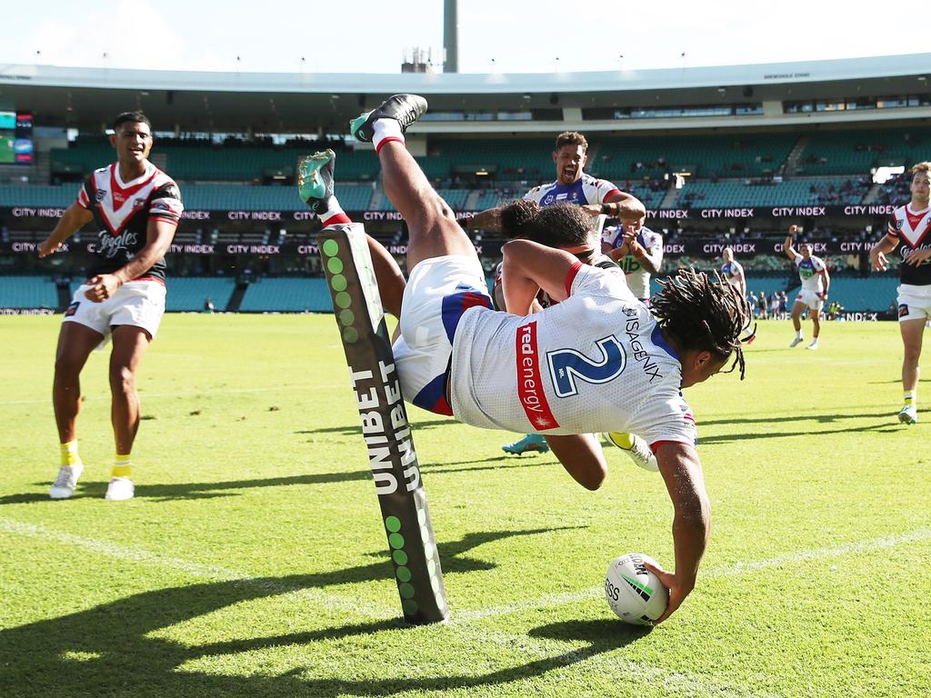 SYDNEY, AUSTRALIA – MARCH 12: Dominic Young of the Knights scores a try during the round one NRL match between the Sydney Roosters and the Newcastle Knights at Sydney Cricket Ground, on March 12, 2022, in Sydney, Australia. (Photo by Matt King/Getty Images)