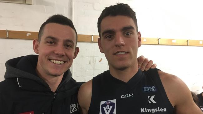 Northern Blues skipper Tom Wilson with matchwinner Jean-Luc Velissaris.