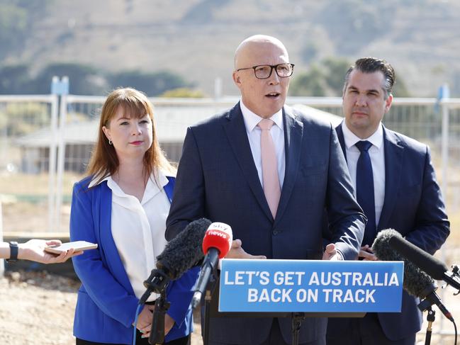 NCA 2025 FEDERAL ELECTION LIBERAL BUS. 15/04/2025Pictured at Maddingleyin the Hawke Electorate of Melbourne in Victoria is Hawke candidate Simone Cottom, Opposition Leader Peter Dutton and Shadow Housing Minister Michael Sukkar as they address the media during a visit to a new homes construction site.Picture: Richard Dobson / Newswire