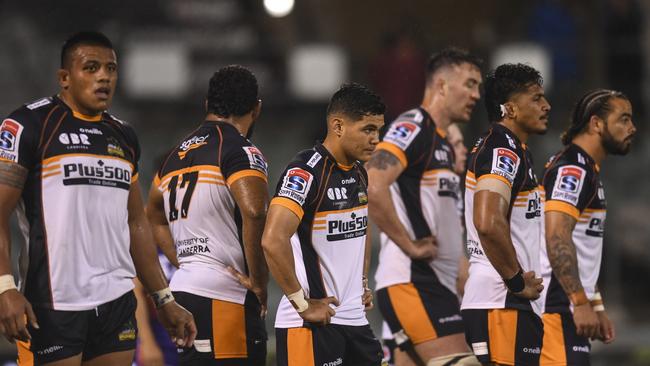 Dejected Brumbies players after the late loss. Picture: AAP