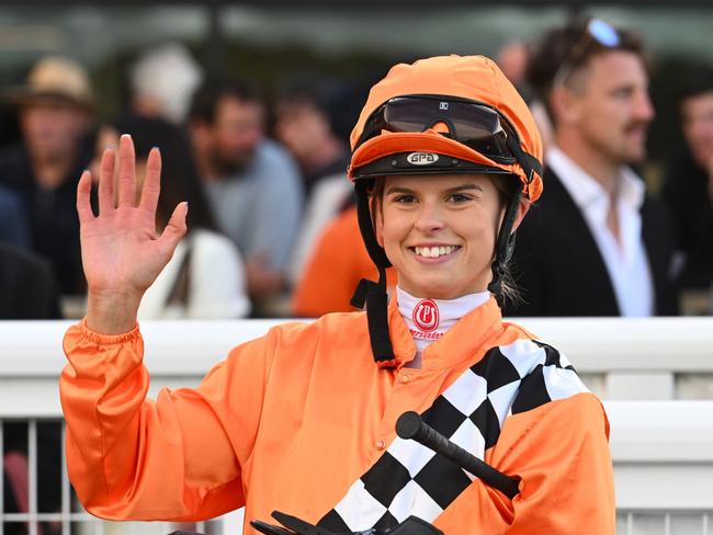 WARRNAMBOOL, AUSTRALIA - APRIL 30: Jordyn Weatherley riding Romantic Choice after winning Race 10 , the Carter Group National Bm64 Handicap during Brierly Day at Warrnambool Racecourse on April 30, 2024 in Warrnambool, Australia. (Photo by Vince Caligiuri/Getty Images)