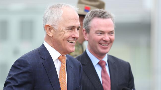 PM Malcolm Turnbull, Christopher Pyne and Marise Payne at Enoggera . Pic Annette Dew