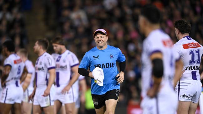 Melbourne Storm trainer Ryan Hinchcliffe was sent off after mouthing off at referee Adam Gee. Picture: NRL Imagery.