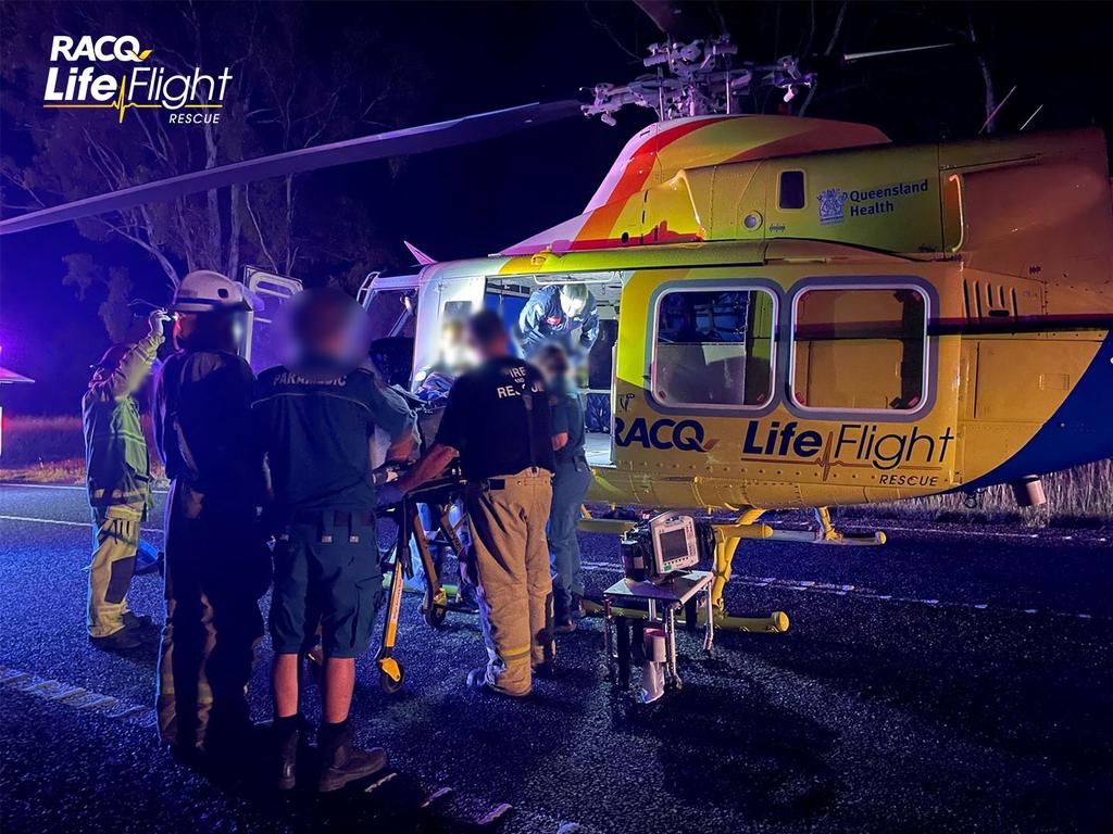 A man in his 40s has been flown to hospital after he was injured in a single-car crash at Ban Ban Springs. Photo/RACQ Lifeflight