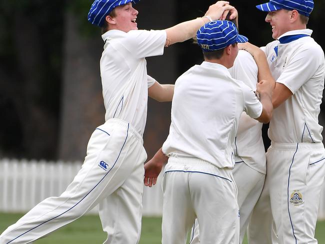 Toowoomba Grammar School celebrate a wicketFirst XI match between Arshvir Singh and Toowoomba Grammar School.Saturday February 5, 2022. Picture, John Gass.