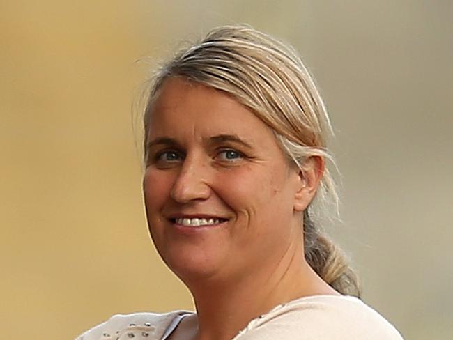 LEIGH, ENGLAND - SEPTEMBER 06: Emma Hayes, manager of Chelsea reacts during the Barclays FA Women's Super League match between Manchester United and Chelsea at Leigh Sports Village on September 06, 2020 in Leigh, England. (Photo by Lewis Storey/Getty Images)