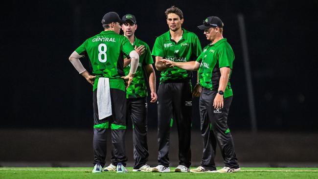 City Cyclones skipper Sam Heazlett with teammates Lochie Hardy, Caelan Maladay and Hamish Martin. Picture: NT Cricket