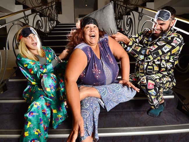 Comedian Steph Tisdell, with Kristina and Christian, wore pyjamas for her first show last Thursday and encouraged audience members to do the same. Picture: Nicki Connolly