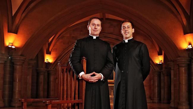 Newly ordained Fr Joseph Hamilton (left) and Fr Daniele Russo in St Mary's Cathedral crypt this morning.