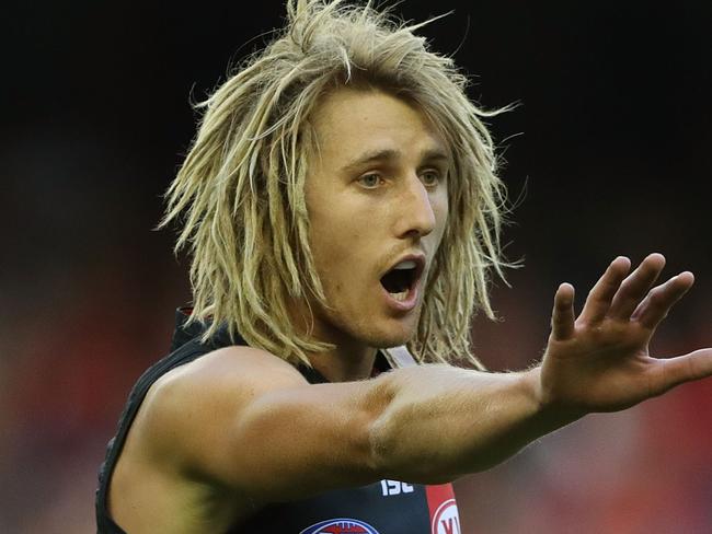 MELBOURNE, AUSTRALIA - FEBRUARY 16: Dyson Heppell of the Bombers gestures during the 2017 JLT Community Series match between the Collingwood Magpies and Essendon Bombers at Etihad Stadium on February 16, 2017 in Melbourne, Australia. (Photo by Robert Cianflone/Getty Images)