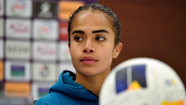 TASHKENT, UZBEKISTAN - FEBRUARY 24: Mary Fowler of Australia speaks to the media in the post match press conference after the AFC Women's Paris 2024 Olympic Qualifier Round 3 match between Uzbekistan and Australia Matildas at Milliy Stadium on February 24, 2024 in Tashkent, Uzbekistan. (Photo by Tolib Kosimov/Getty Images)