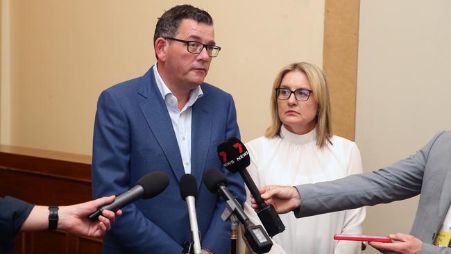 Premier Daniel Andrews and Deputy Premier Jacinta Allan speak after Labor MPs meet days after being voted back into government. Picture: NCA NewsWire / David Crosling