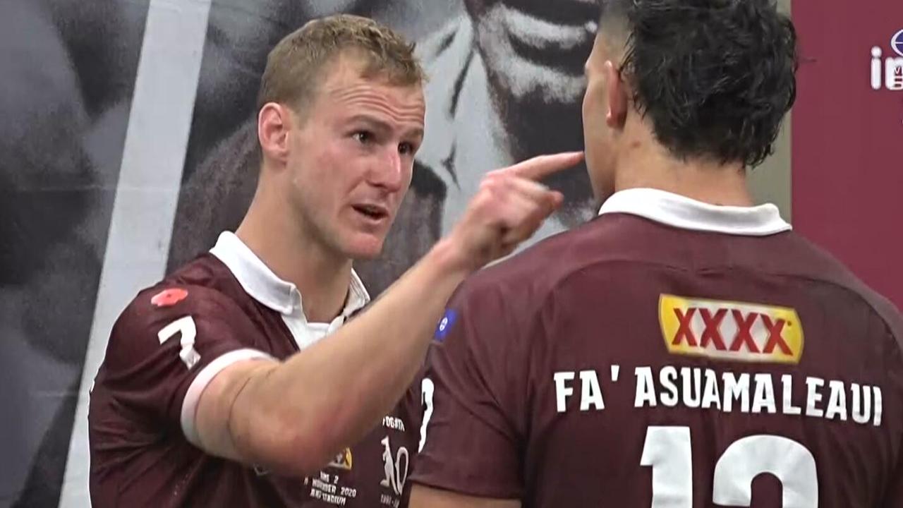 Queensland captain Daly Cherry-Evans gives young gun Tino Fa'asuamaleaui a dressing down.