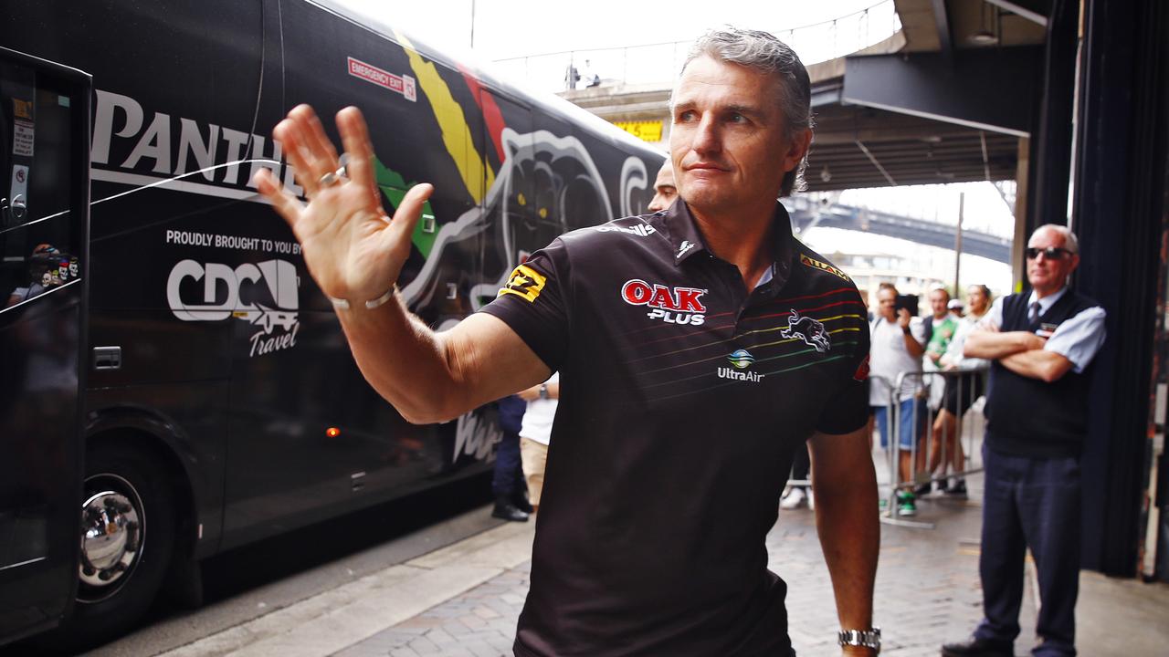 DAILY TELEGRAPH - 28.9.23 Penrith Panthers and Brisbane Broncos pictured at the NRL Fan Fest in Circular Quay today. Ivan Cleary hops off the bus. Picture: Sam Ruttyn