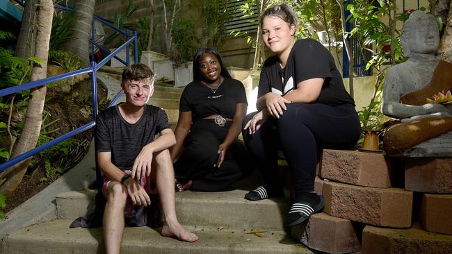 Cian Howarth, Tino Dube and Johana Roos are backpacking at Townsville's Reef Lodge Backpackers. PICTURE: MATT TAYLOR.