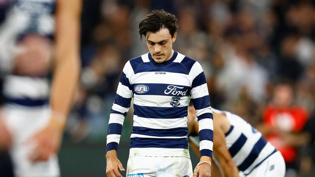 Brad Close of the Cats looks dejected after the loss. (Photo by Michael Willson/AFL Photos via Getty Images)