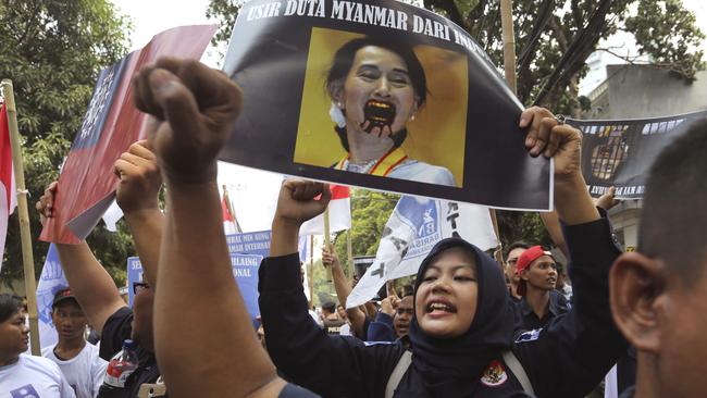 A protest outside the Myanmar embassy in Jakarta yesterday.